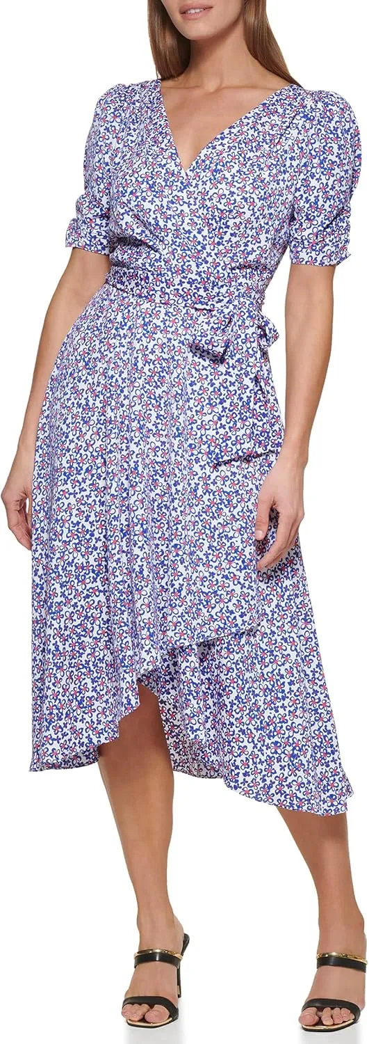 DKNY womens Ruched Sleeve Faux Wrap Dress