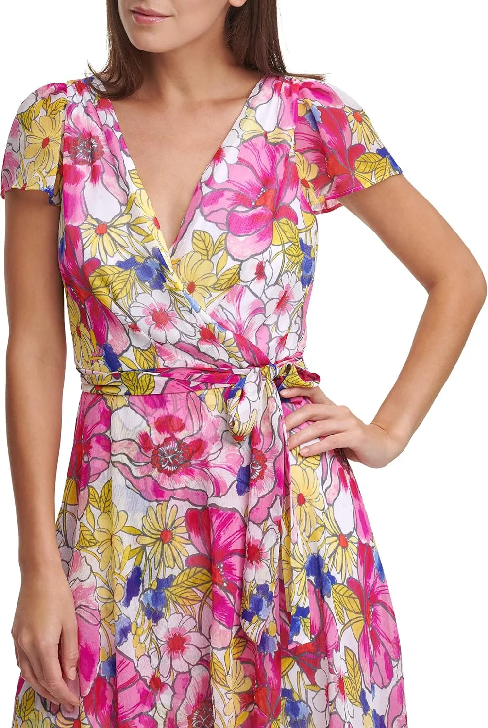 DKNY womens Short Sleeve Asymmetrical Faux Wrap Dress