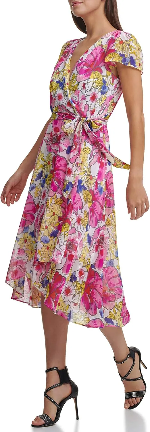 DKNY womens Short Sleeve Asymmetrical Faux Wrap Dress