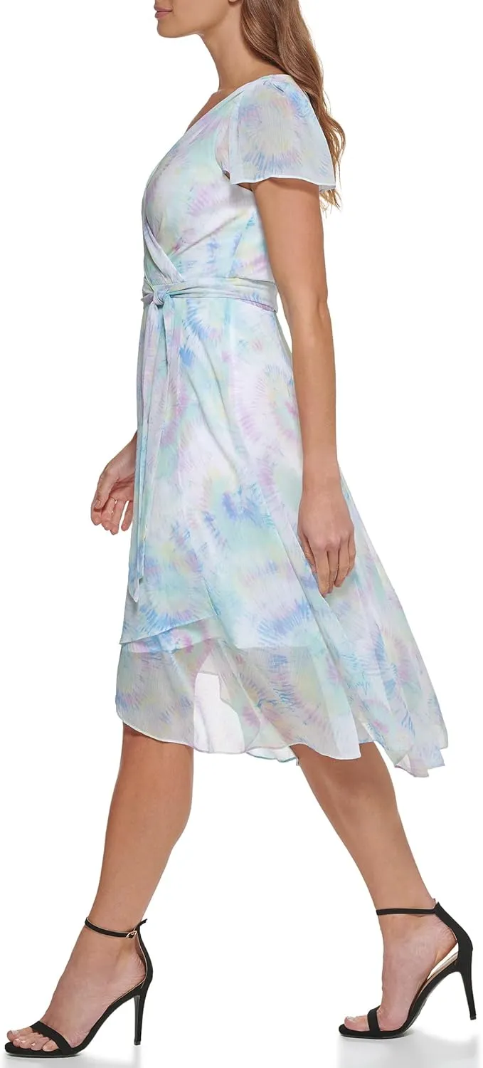 DKNY Women's Short Sleeve Asymmetrical Hem Faux Wrap Dress