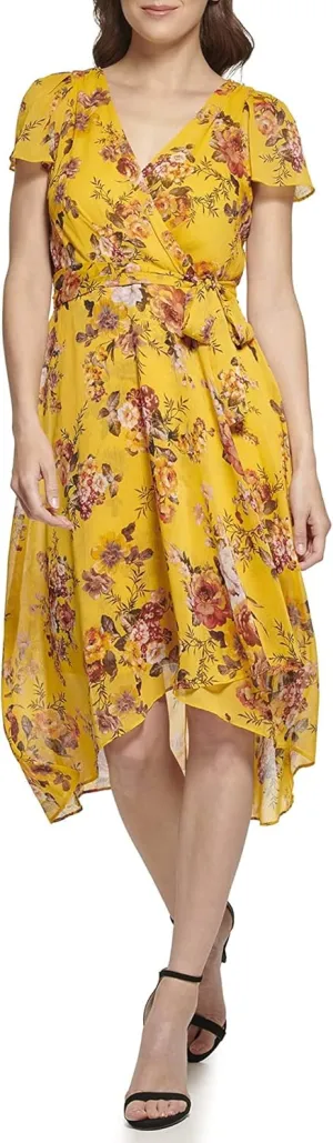 DKNY Women's Short Sleeve Asymmetrical Hem Faux Wrap Dress