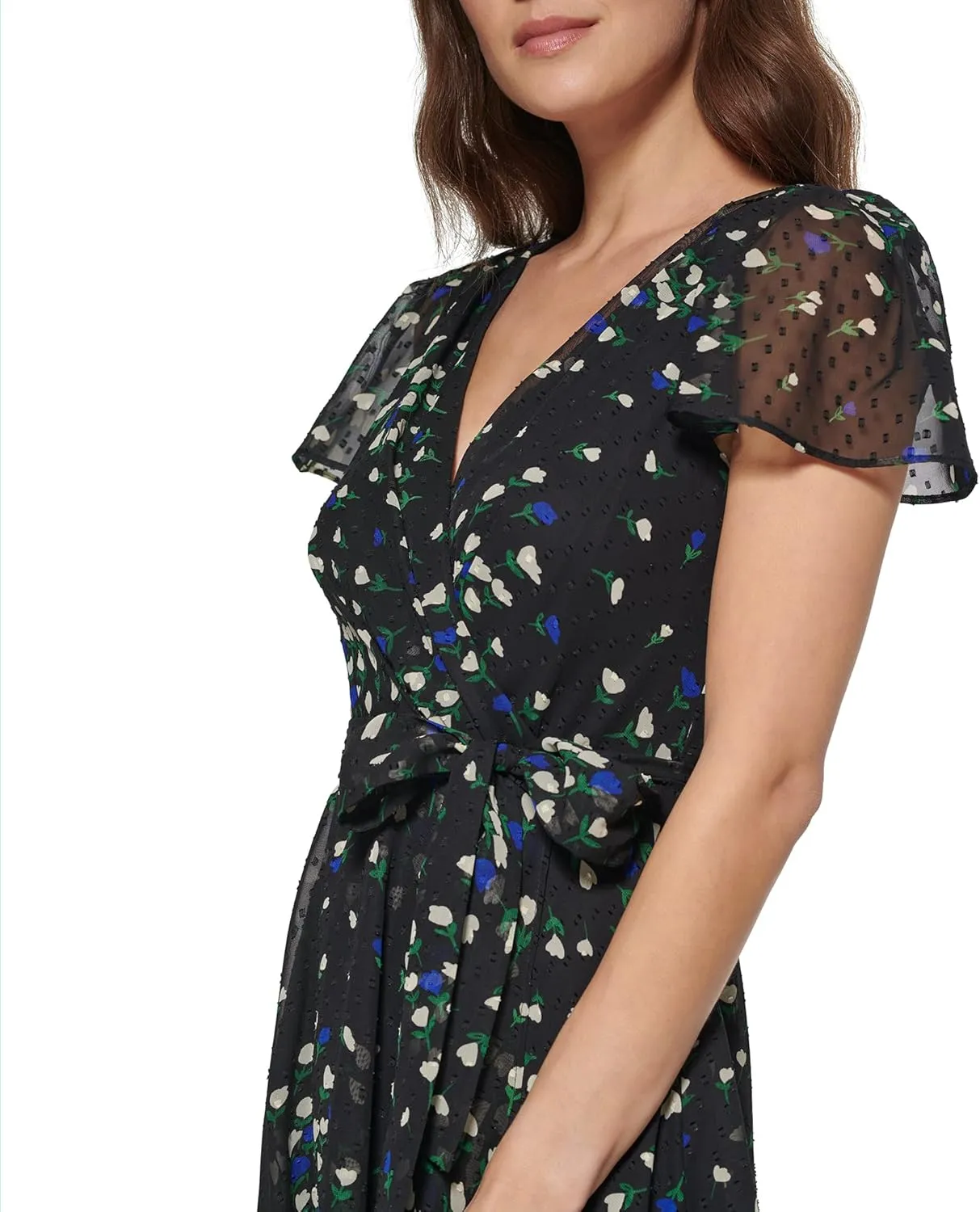 DKNY Women's Short Sleeve Asymmetrical Hem Faux Wrap Dress