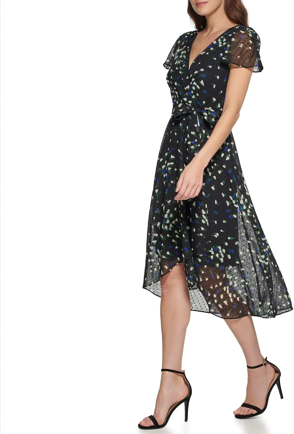 DKNY Women's Short Sleeve Asymmetrical Hem Faux Wrap Dress