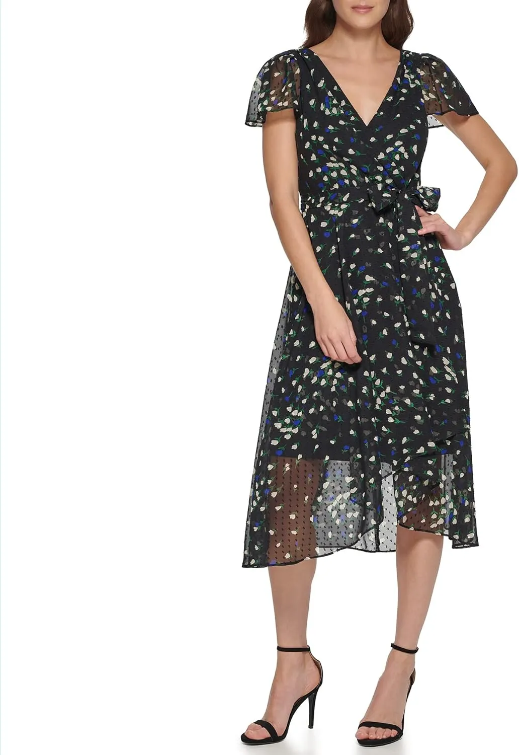 DKNY Women's Short Sleeve Asymmetrical Hem Faux Wrap Dress