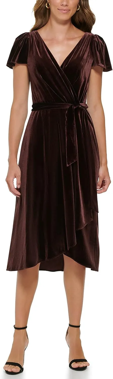 DKNY Women's Short Sleeve Asymmetrical Hem Faux Wrap Dress