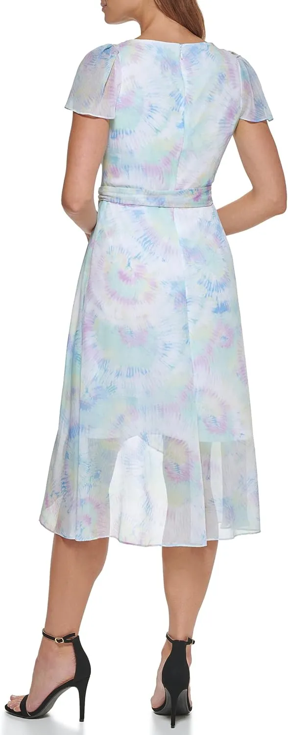 DKNY Women's Short Sleeve Asymmetrical Hem Faux Wrap Dress