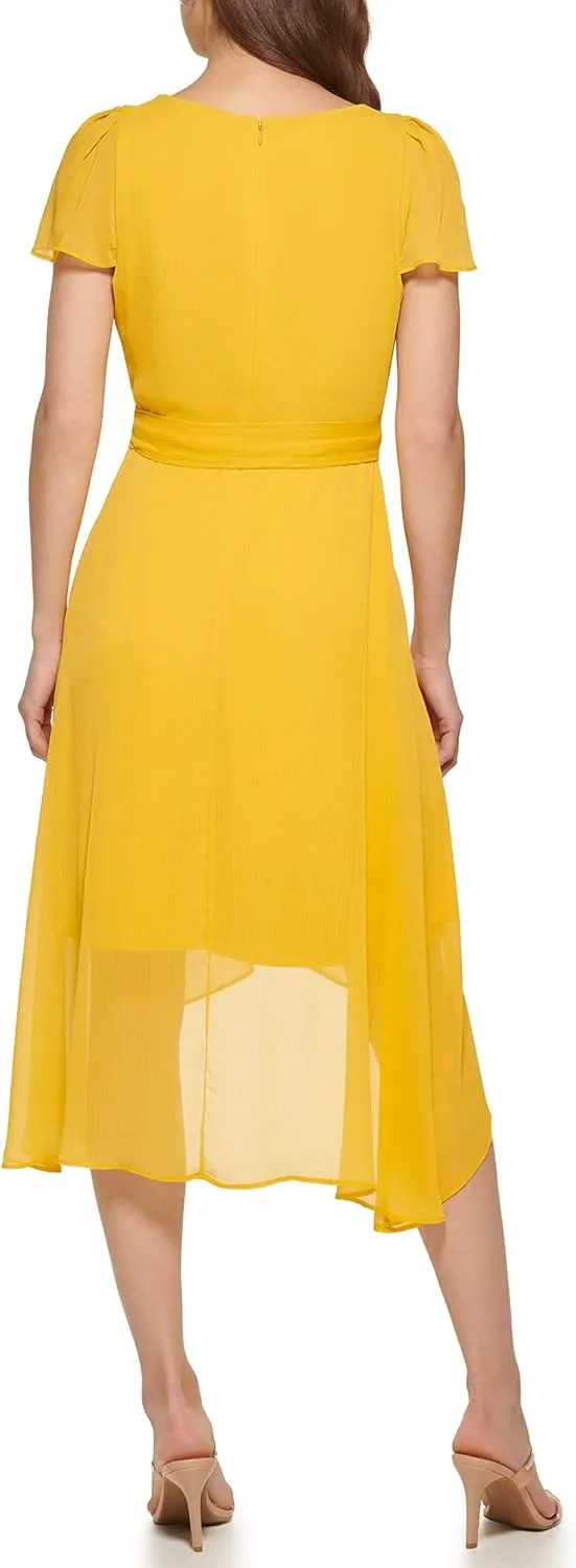 DKNY Women's Short Sleeve Asymmetrical Hem Faux Wrap Dress