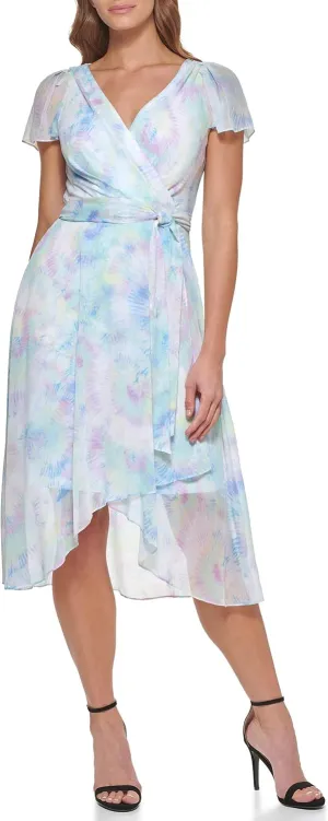 DKNY Women's Short Sleeve Asymmetrical Hem Faux Wrap Dress