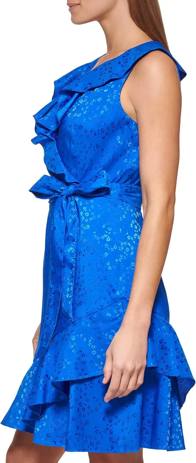 DKNY womens Sleeveless Ruffle Faux Wrap Dress