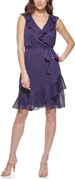 DKNY womens Sleeveless Ruffle Faux Wrap Dress