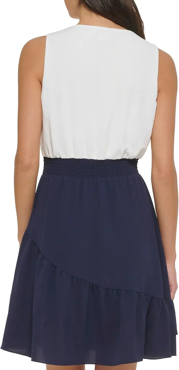 DKNY womens Sleeveless V-neck Smocked Waist Dress