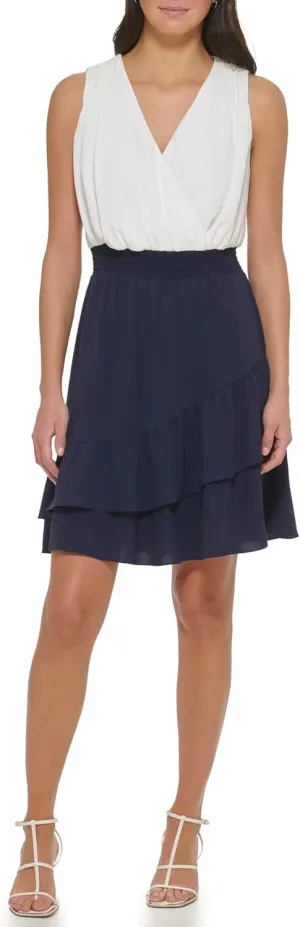 DKNY womens Sleeveless V-neck Smocked Waist Dress