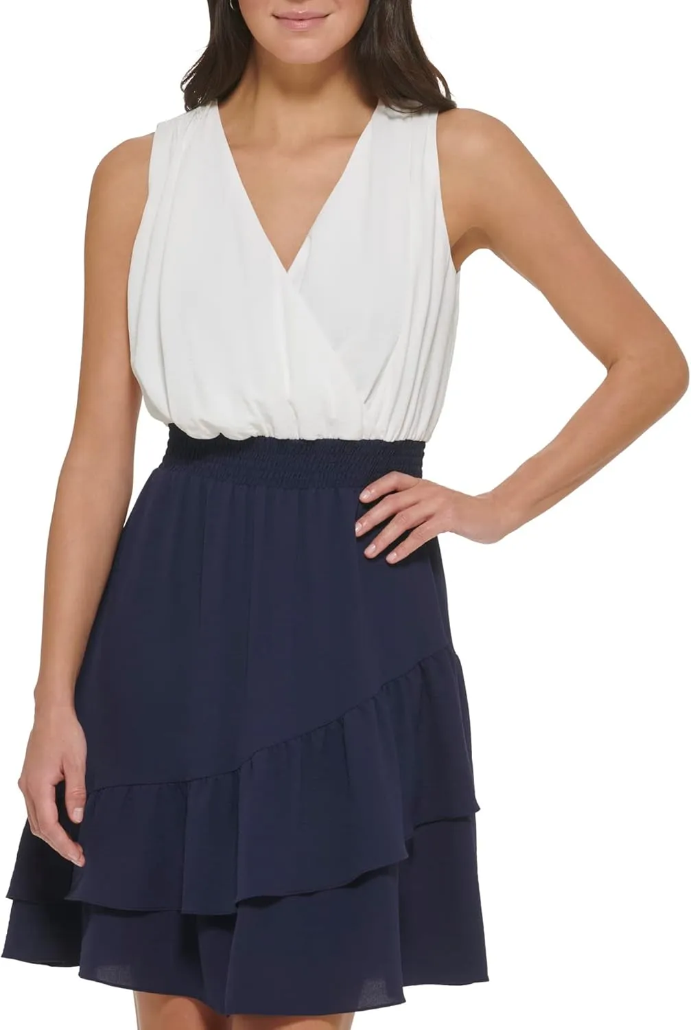 DKNY womens Sleeveless V-neck Smocked Waist Dress