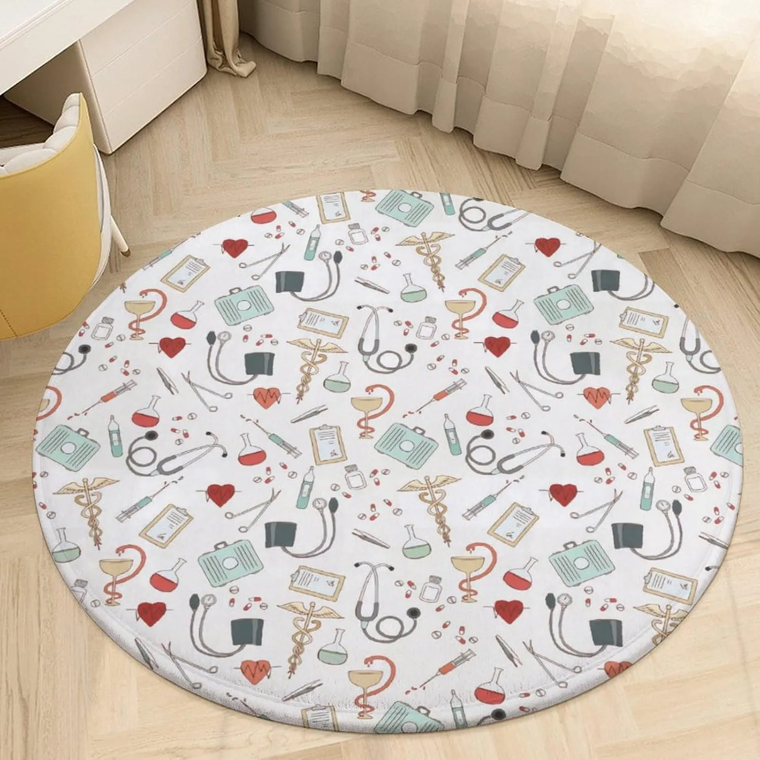 Doctor Nurse Small Bedroom Coral Fleece Circular Floor Mat, Non Slip and Washable 90 * 90cm
