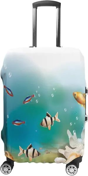 Double-sided Printed Luggage Cover, Aquarium Elastic Travel Luggage Cover, Hawaiian Pacific Fauna Different Fishes Oceanic, Fits 19-21 Inch Luggage, Great For Vacation Travel, White Teal Orange