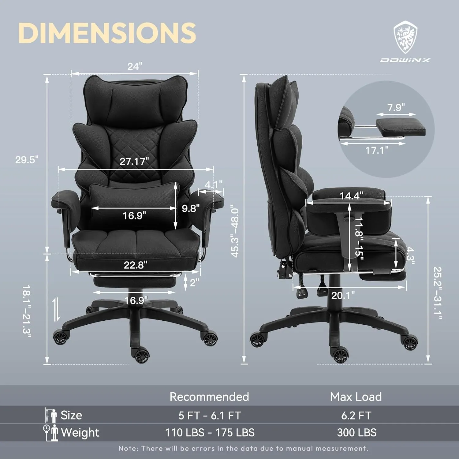 Dowinx Big and Tall Office Chair with Pocket Spring Cushion,High Back Computer Gaming Chairs with Adjustable Armrests and Lumbar Support,Executive Desk Chairs with Footrest,(Fabric, Black)