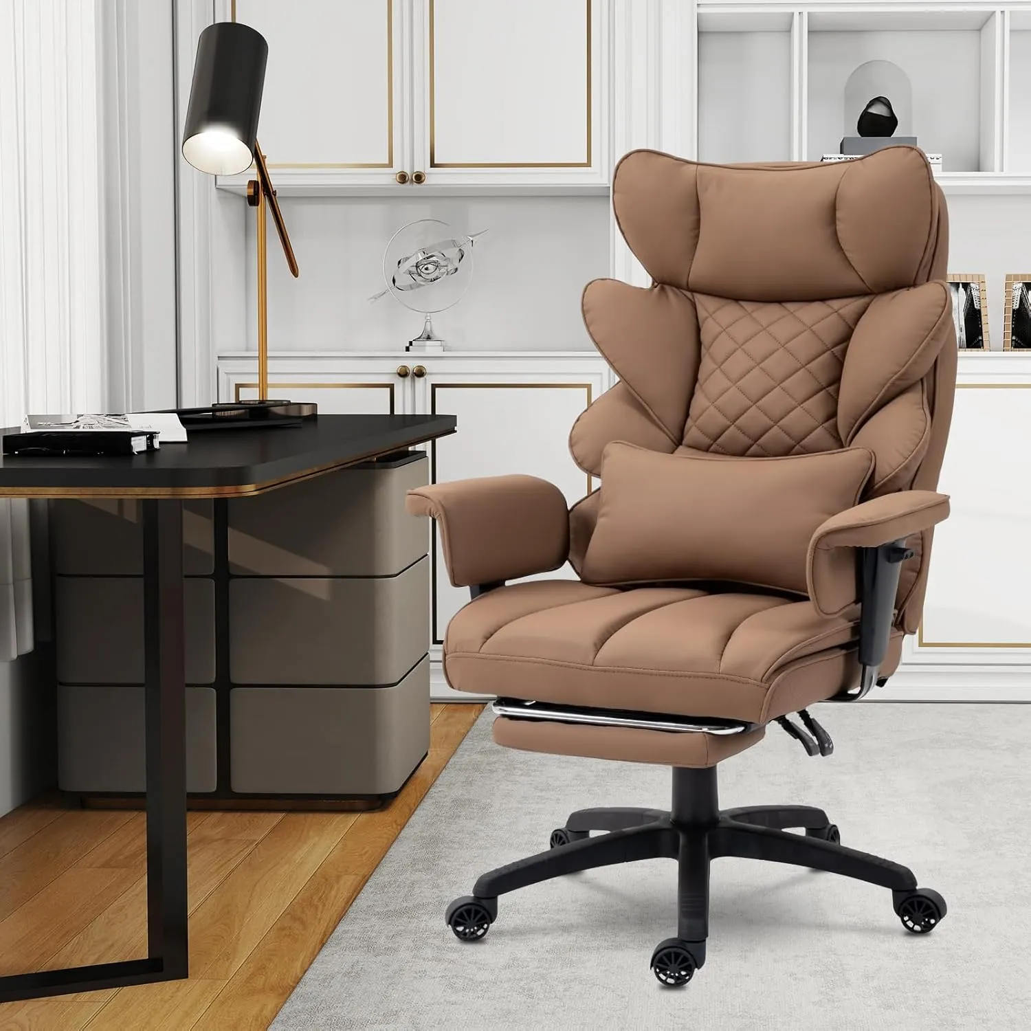 Dowinx Big and Tall Office Chair with Pocket Spring Cushion,High Back Computer Gaming Chairs with Adjustable Armrests and Lumbar Support,Executive Desk Chairs with Footrest(PU Leather,Brown)