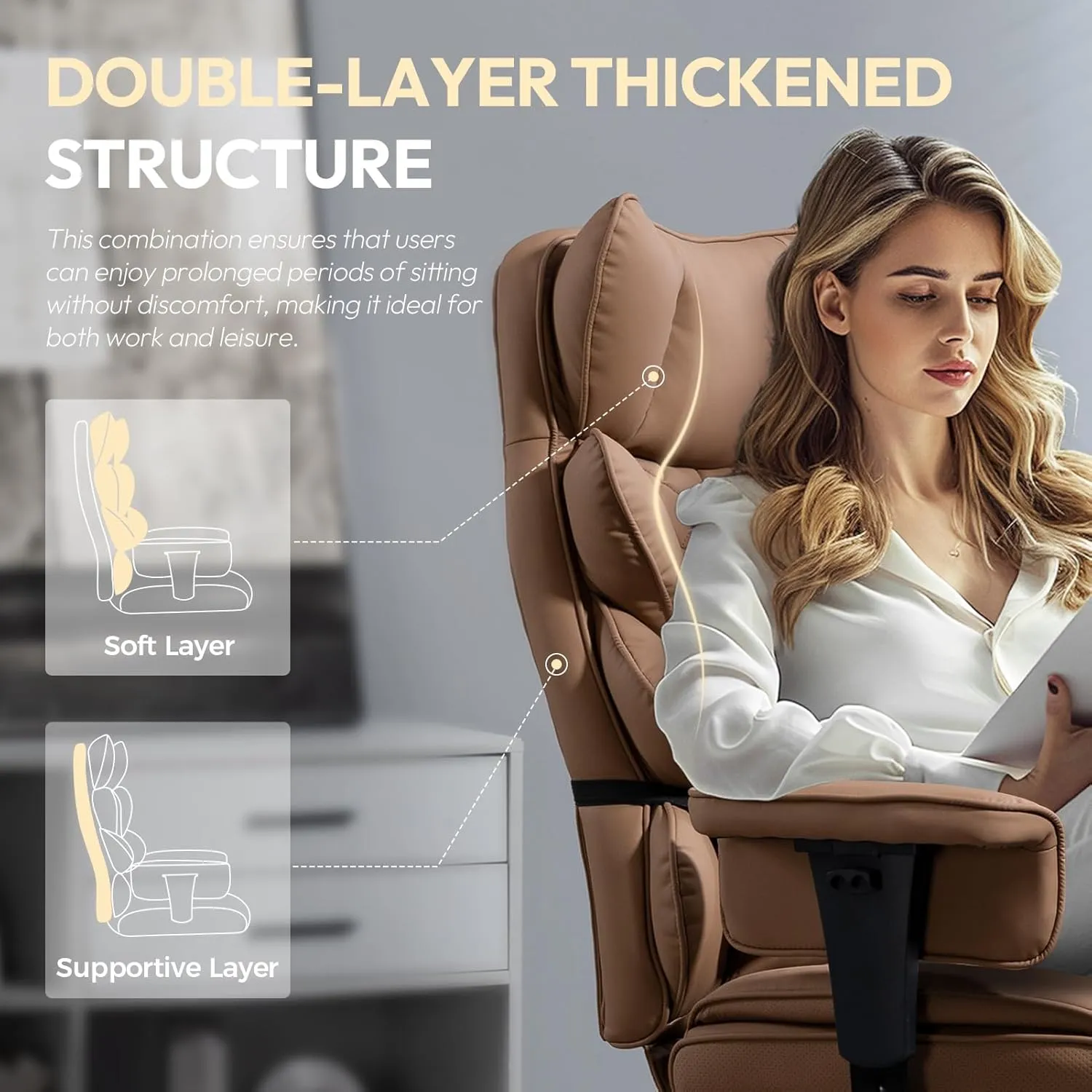 Dowinx Big and Tall Office Chair with Pocket Spring Cushion,High Back Computer Gaming Chairs with Adjustable Armrests and Lumbar Support,Executive Desk Chairs with Footrest(PU Leather,Brown)