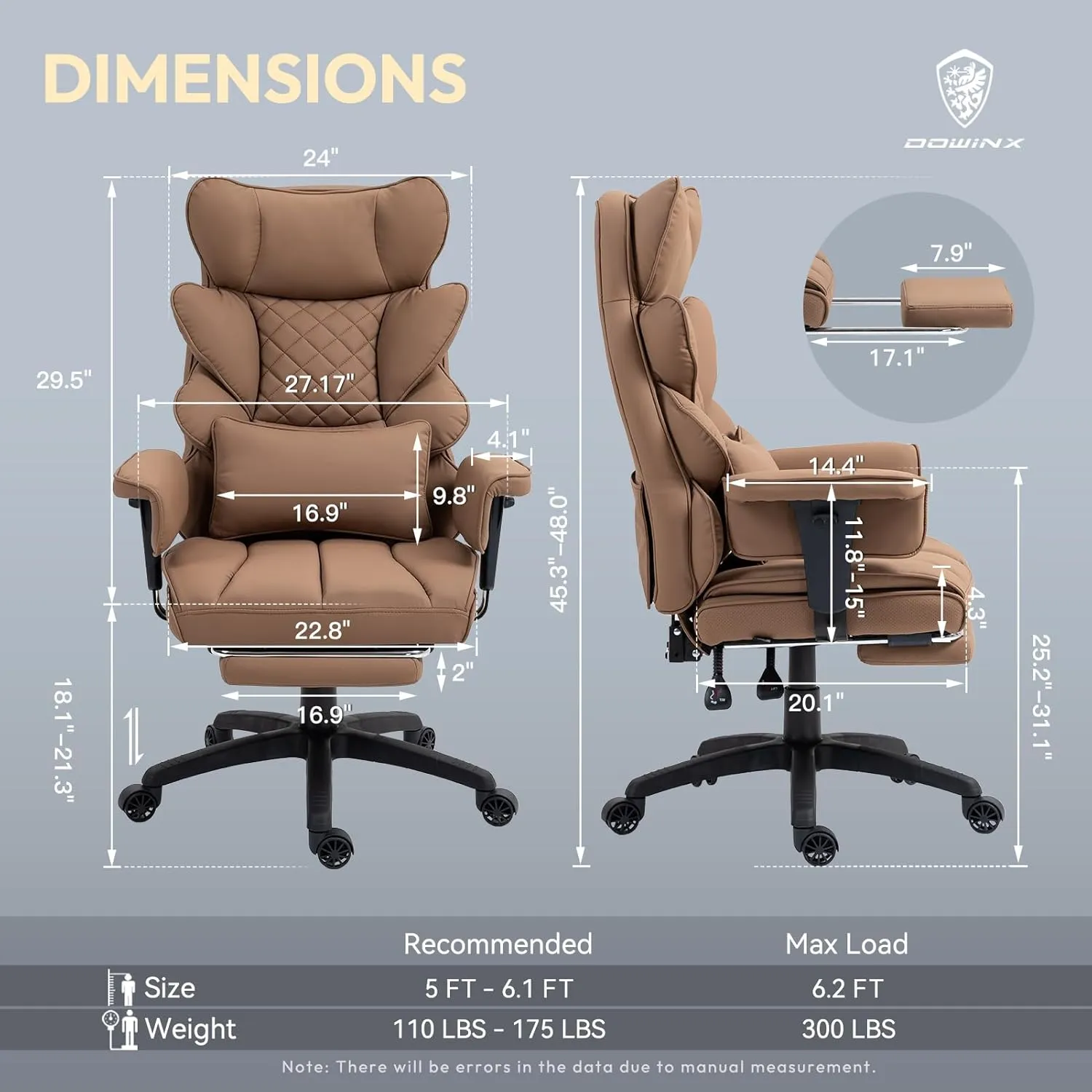 Dowinx Big and Tall Office Chair with Pocket Spring Cushion,High Back Computer Gaming Chairs with Adjustable Armrests and Lumbar Support,Executive Desk Chairs with Footrest(PU Leather,Brown)