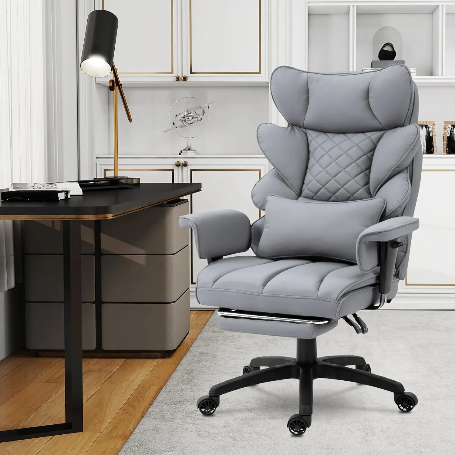 Dowinx Big and Tall Office Chair with Pocket Spring Cushion,High Back Computer Gaming Chairs with Adjustable Armrests and Lumbar Support,Executive Desk Chairs with Footrest(PU Leather,Grey)