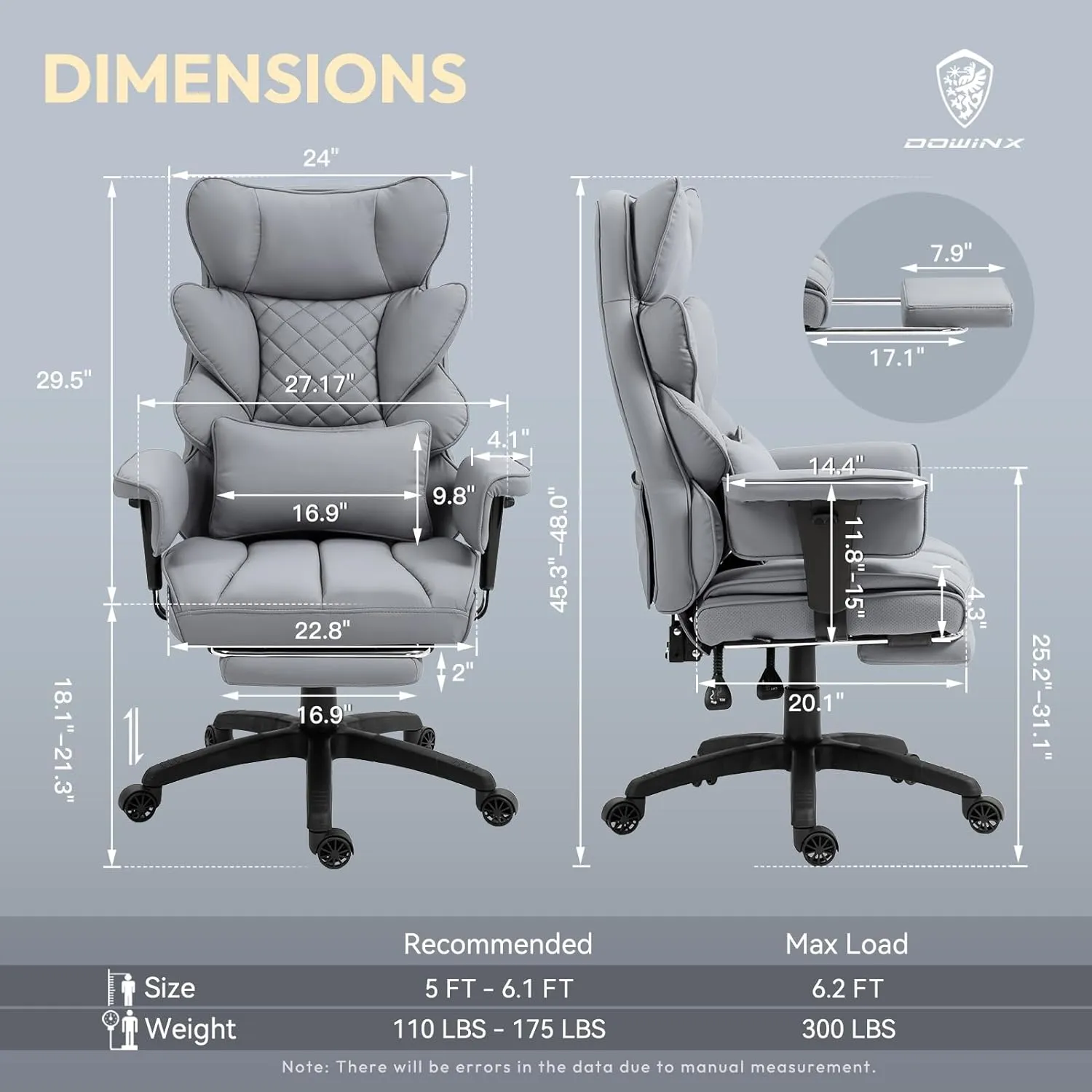 Dowinx Big and Tall Office Chair with Pocket Spring Cushion,High Back Computer Gaming Chairs with Adjustable Armrests and Lumbar Support,Executive Desk Chairs with Footrest(PU Leather,Grey)