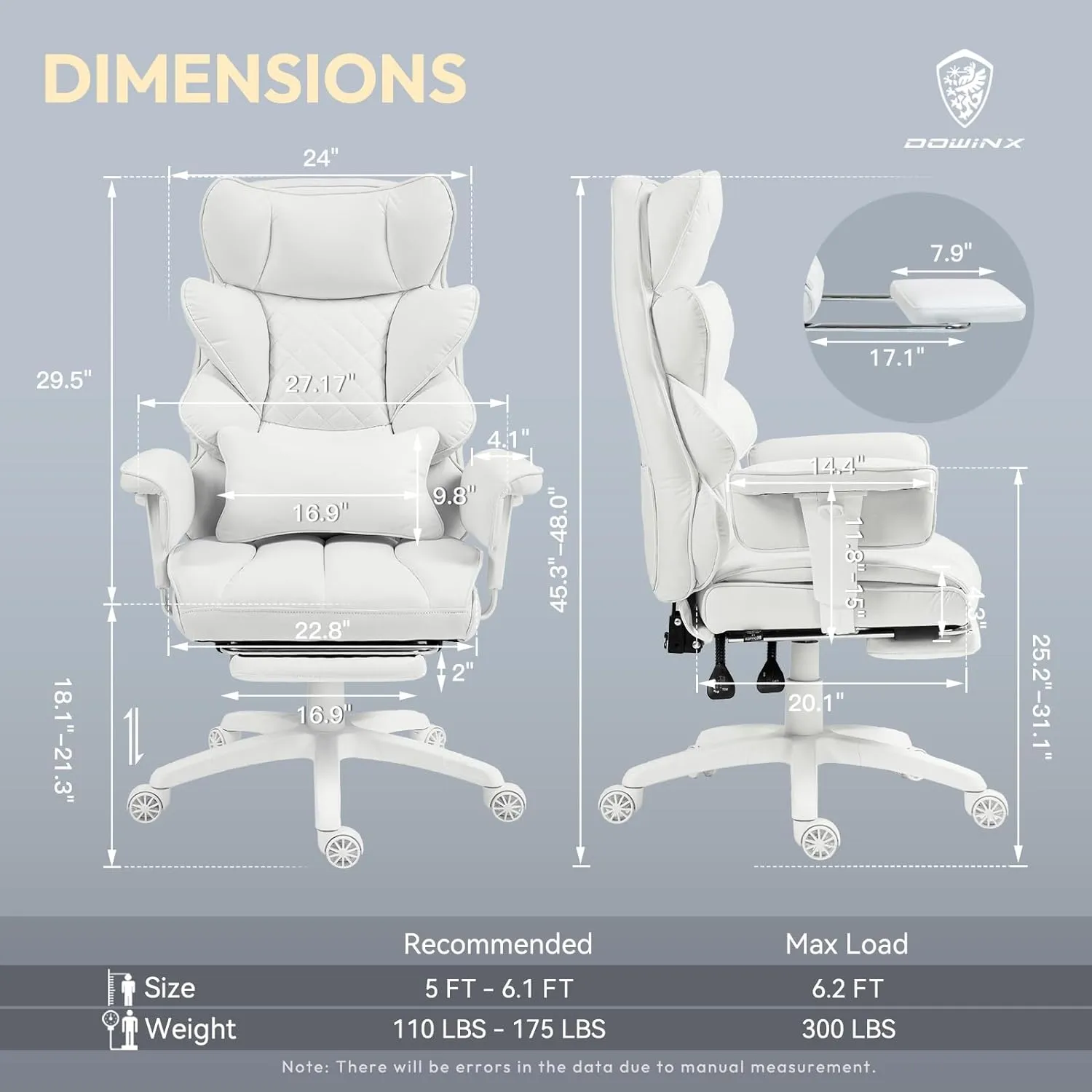 Dowinx Big and Tall Office Chair with Pocket Spring Cushion,High Back Computer Gaming Chairs with Adjustable Armrests,Executive Desk Chairs with Lumbar Support and Footrest,(Fabric, White)