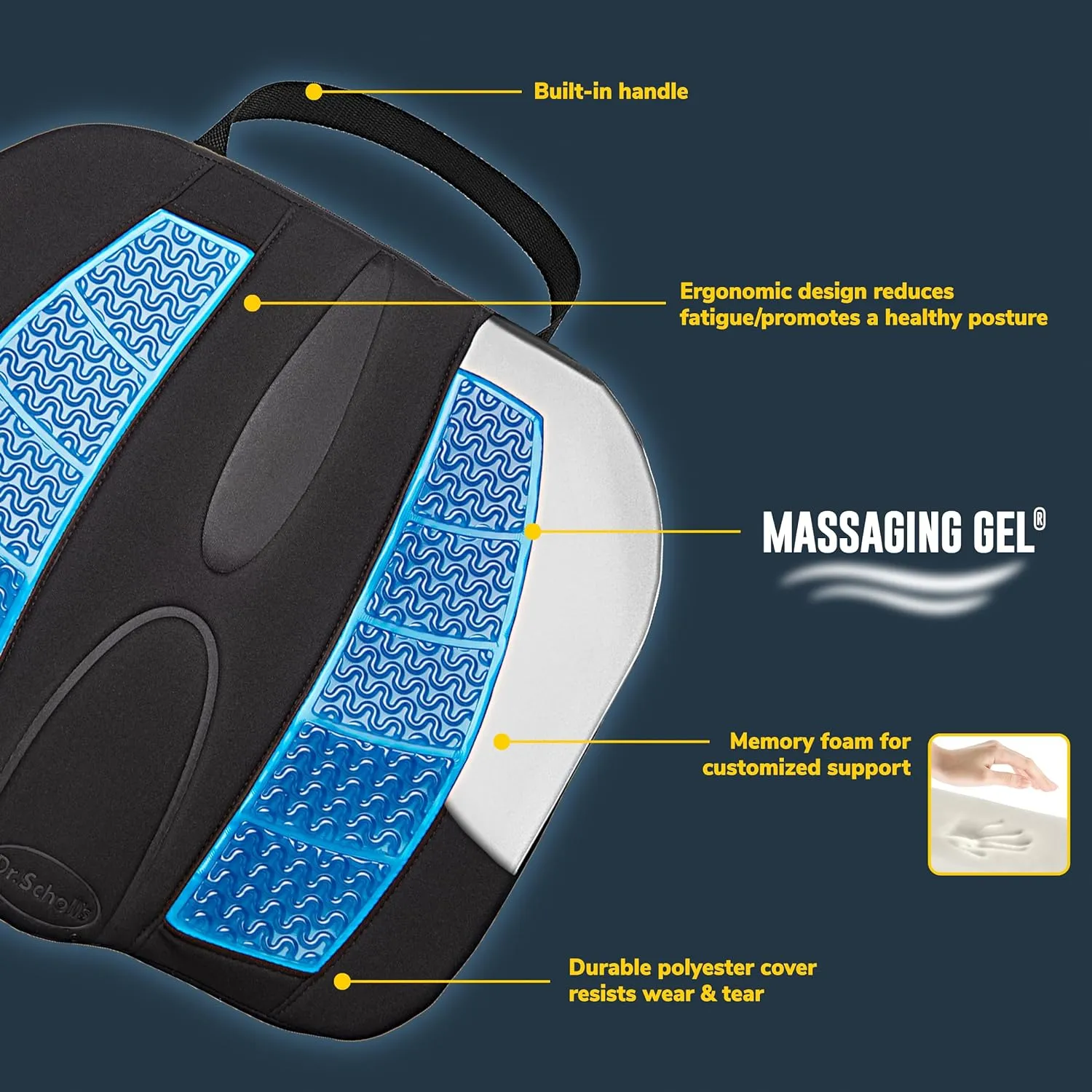 Dr. Scholl's Massaging Gel Posterior Seat Cushion for Car, Office, Home — Black