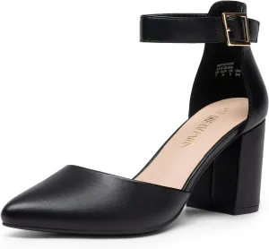 DREAM PAIRS Women's Closed Pointed Toe High Chunky Heels Pumps Ankle Strap Dress Shoes for Wedding Office Party, 3 Inches