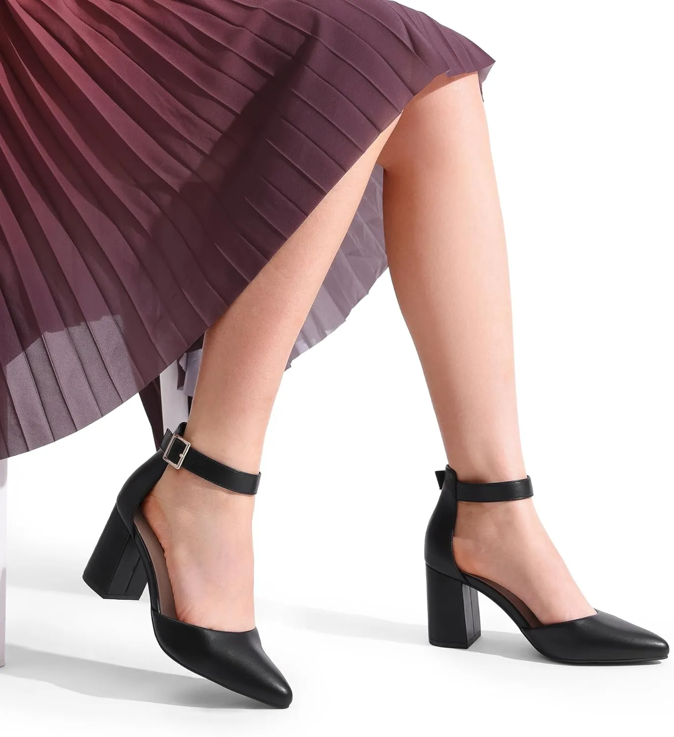 DREAM PAIRS Women's Closed Pointed Toe High Chunky Heels Pumps Ankle Strap Dress Shoes for Wedding Office Party, 3 Inches