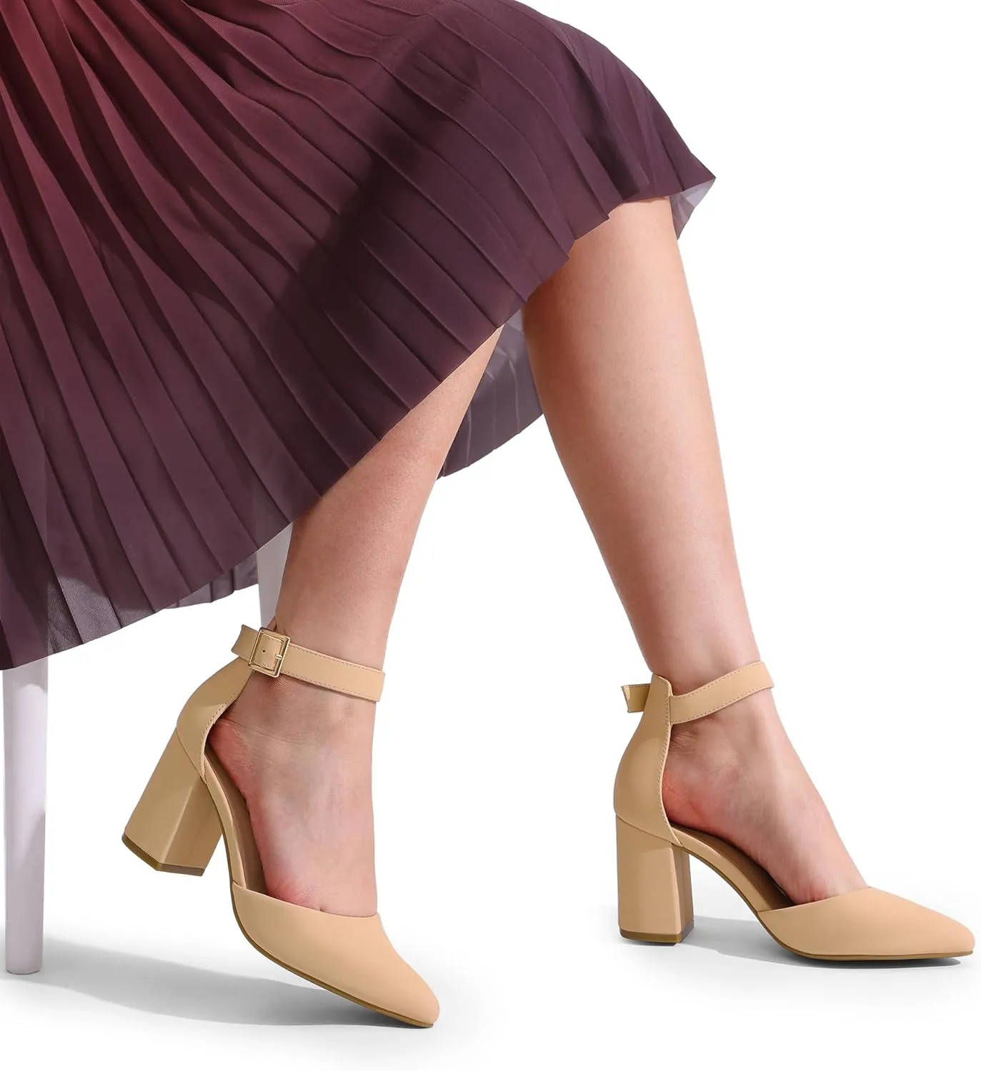 DREAM PAIRS Women's Closed Pointed Toe High Chunky Heels Pumps Ankle Strap Dress Shoes for Wedding Office Party, 3 Inches