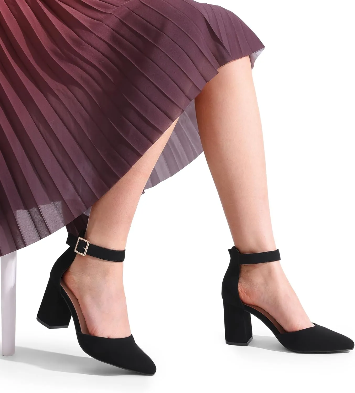 DREAM PAIRS Women's Closed Pointed Toe High Chunky Heels Pumps Ankle Strap Dress Shoes for Wedding Office Party, 3 Inches