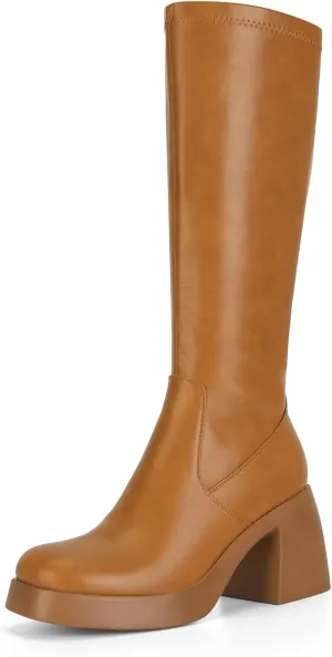 Dsevht Dark Red Leather Knee High Boots for Women Platform Chunky Block Heeled Burgundy Boots Square Toe and Side Zipper Design Fashion Dress 70s Gogo Boots