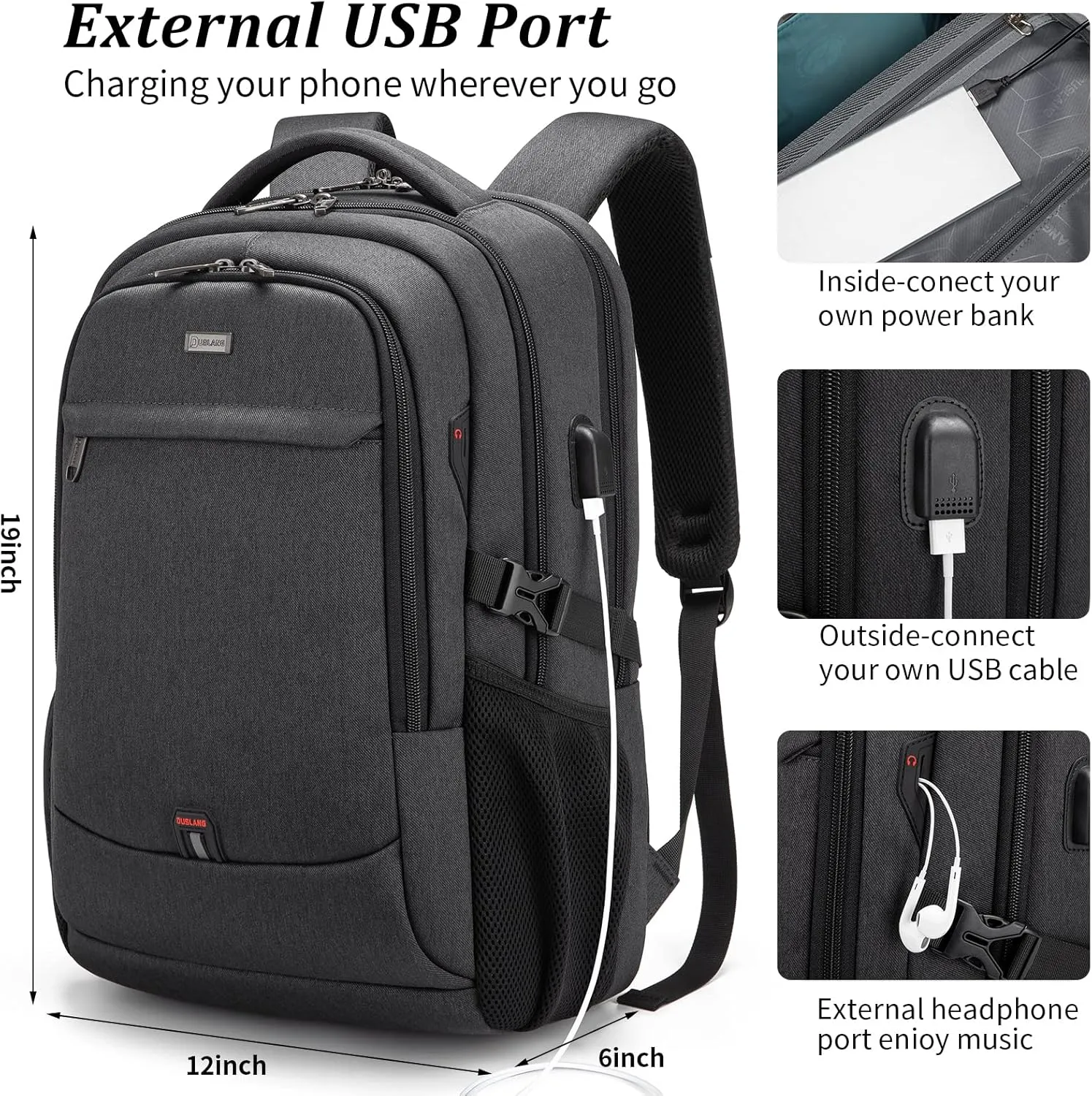 DUSLANG 17 Inch Laptop Backpack for Travel Water Resistant College Backpack for Men/Women Laptop Bag with USB Charging Port and Small Canvas Tote Bag, Black