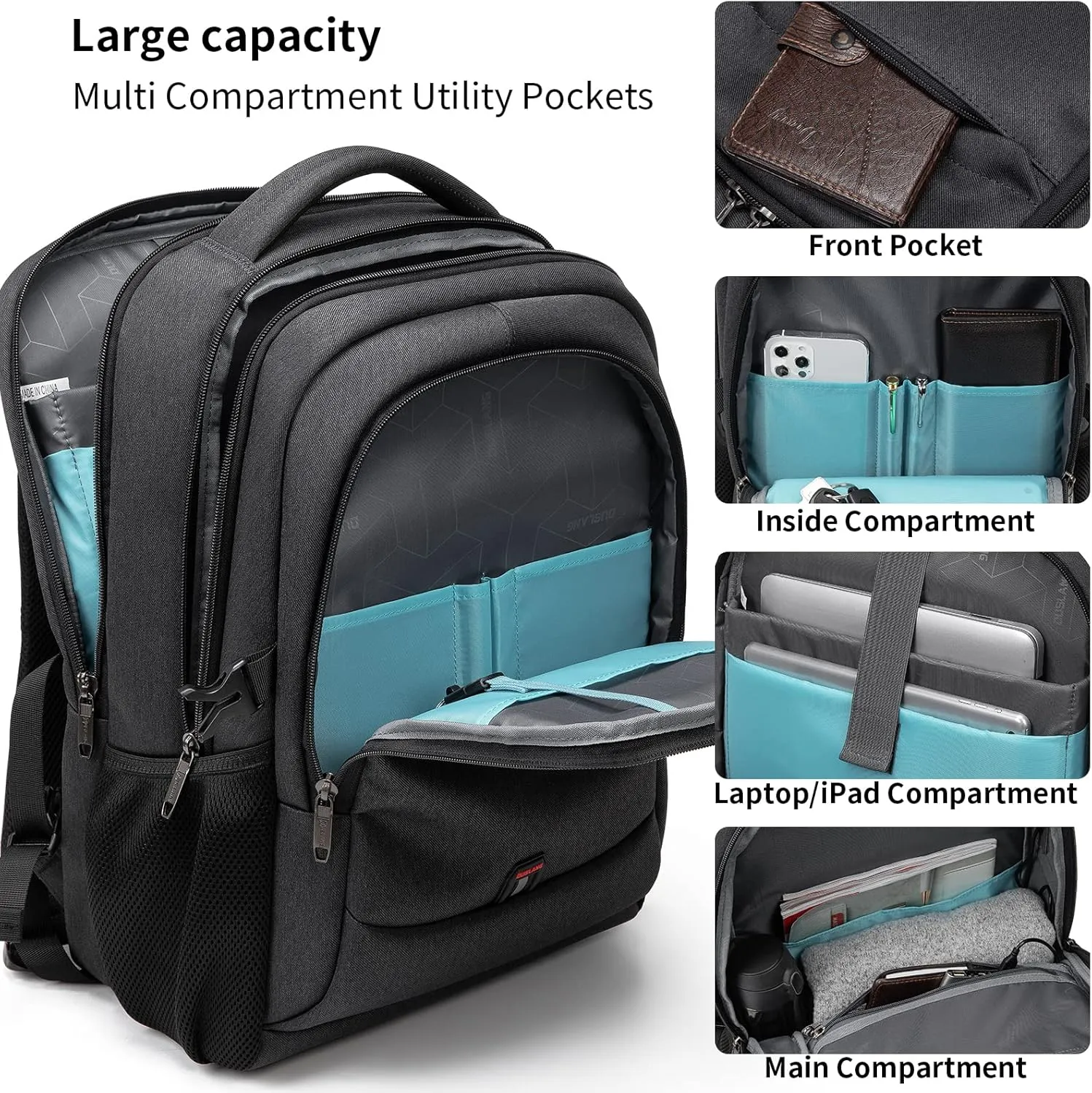 DUSLANG 17 Inch Laptop Backpack for Travel Water Resistant College Backpack for Men/Women Laptop Bag with USB Charging Port and Small Canvas Tote Bag, Black