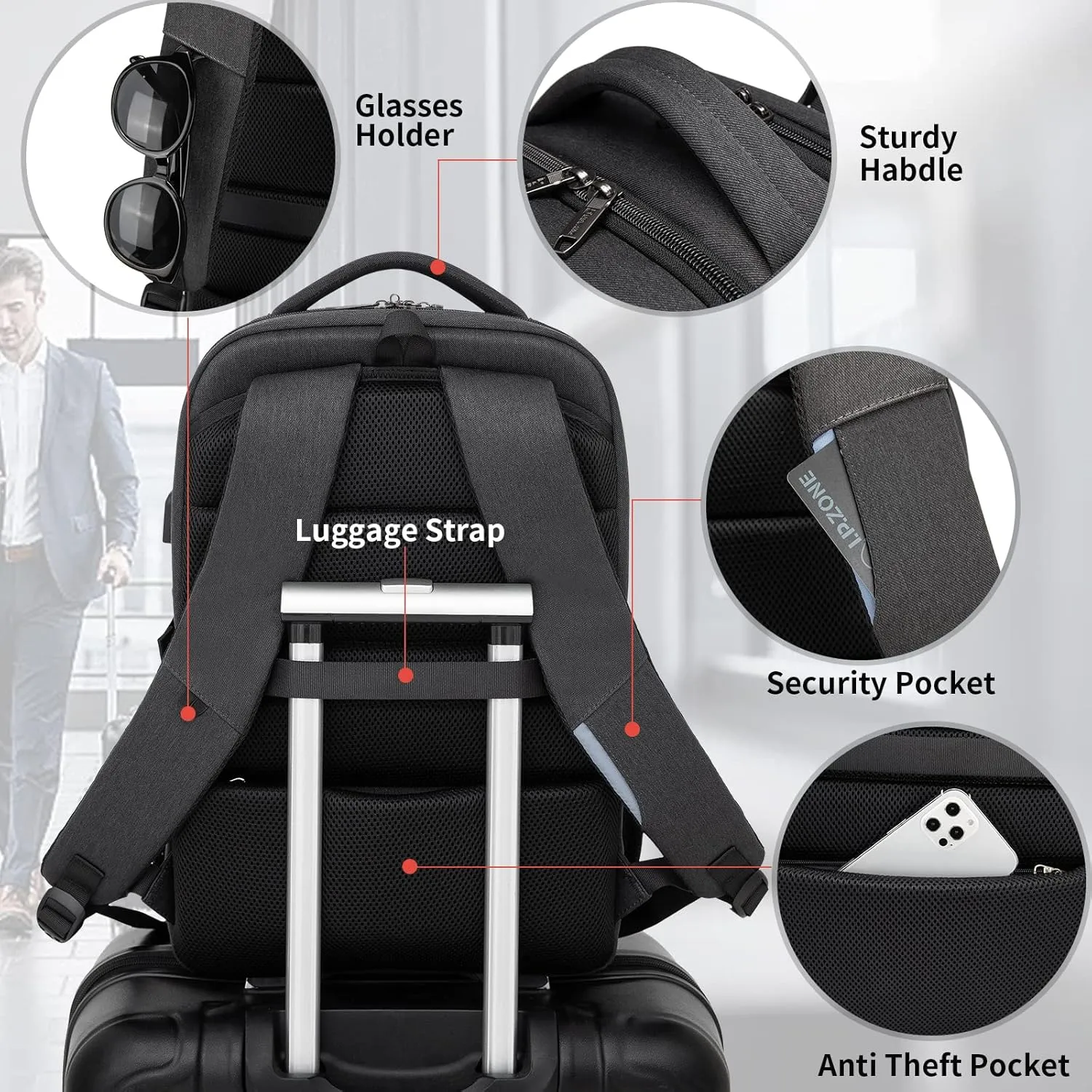 DUSLANG 17 Inch Laptop Backpack for Travel Water Resistant College Backpack for Men/Women Laptop Bag with USB Charging Port and Small Canvas Tote Bag, Black