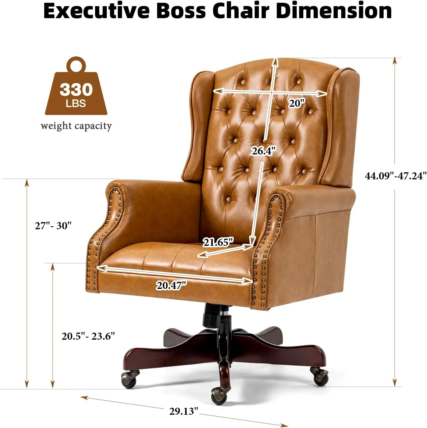 ECOTOUGE Tufted Office Chair, Faux Leather Executive Desk Chair w/High Back & Nail Head Trim, Ergonomic Wingback PC Chair for Home, Office and Living Room, Brown