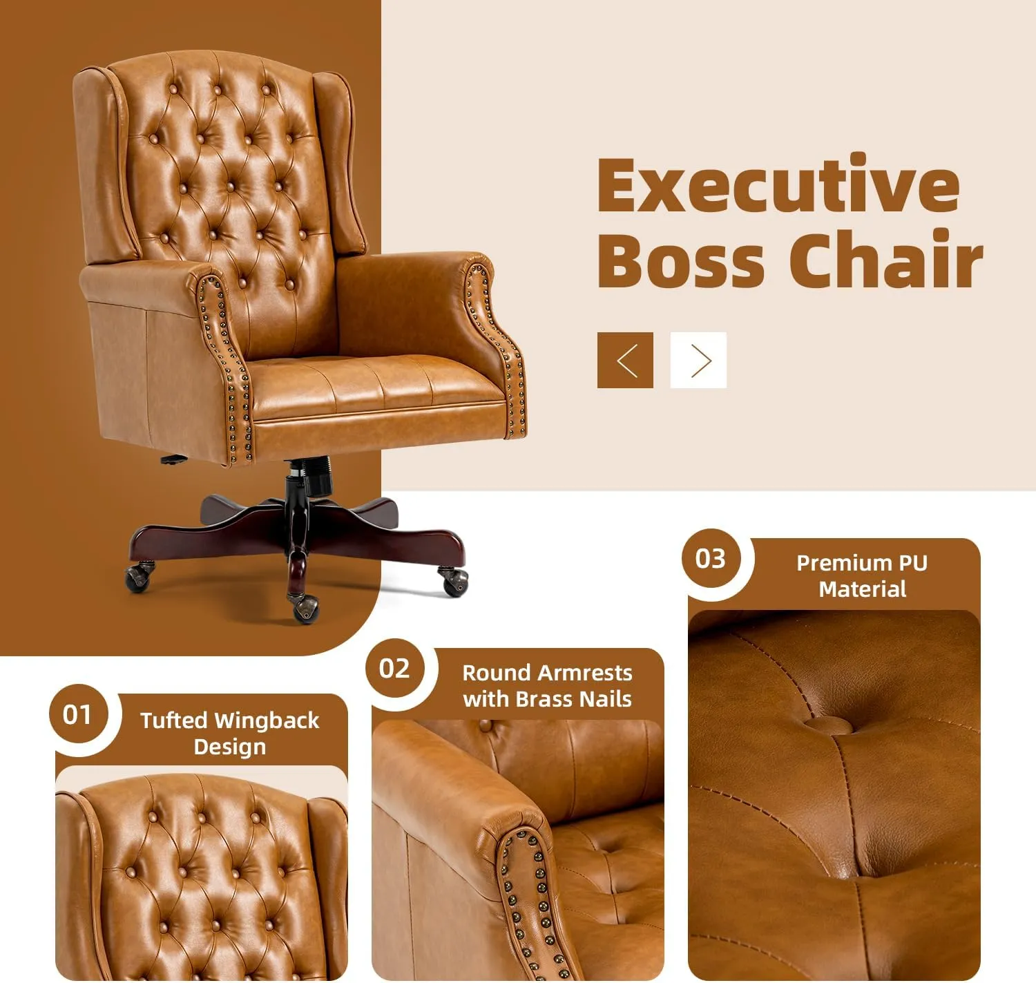 ECOTOUGE Tufted Office Chair, Faux Leather Executive Desk Chair w/High Back & Nail Head Trim, Ergonomic Wingback PC Chair for Home, Office and Living Room, Brown