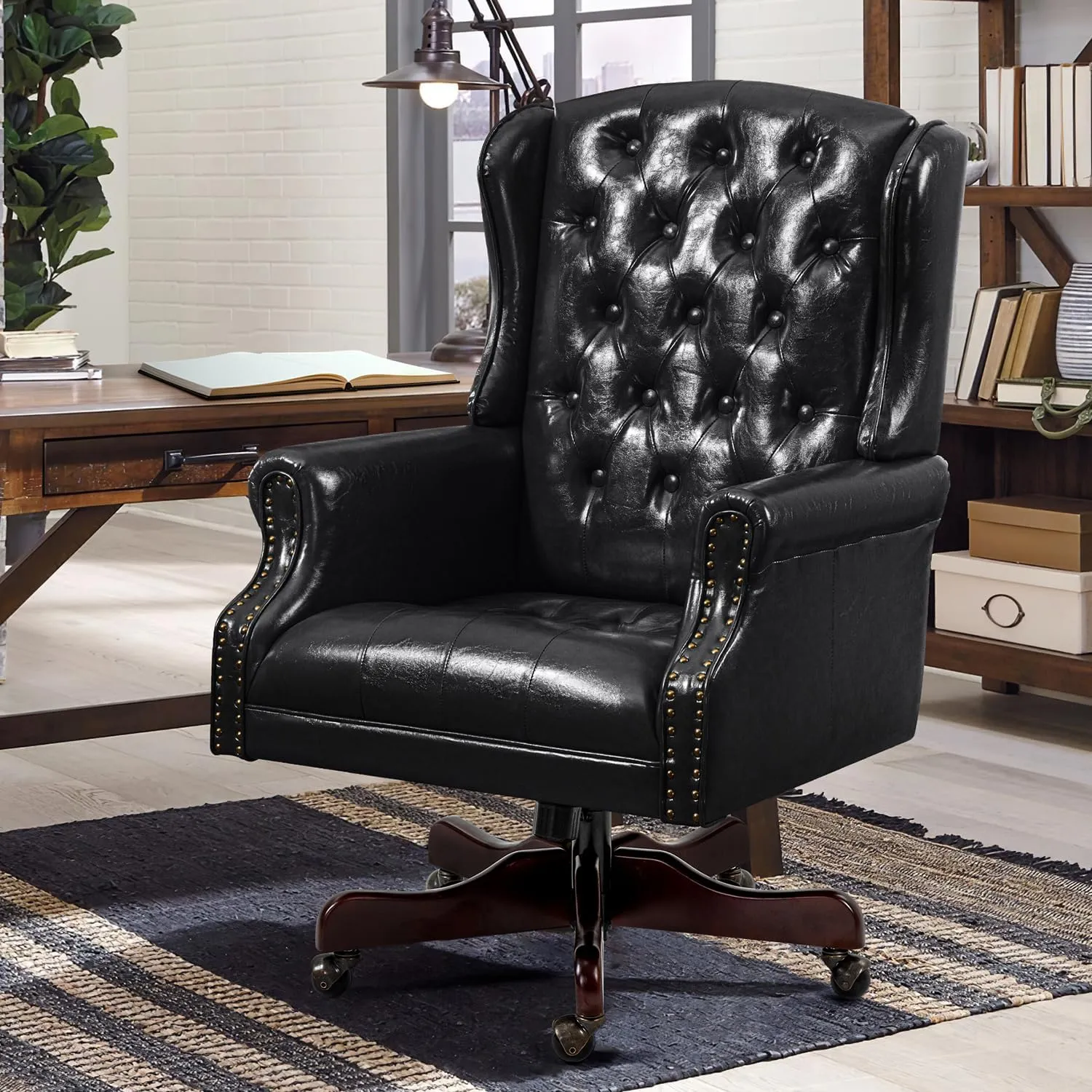 ECOTOUGE Tufted Office Chair, Faux Leather Executive Desk Chair w/High Back & Nail Head Trim, Ergonomic Wingback PC Chair for Home, Office and Living Room, Deep Black