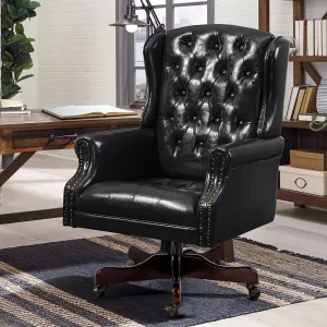 ECOTOUGE Tufted Office Chair, Faux Leather Executive Desk Chair w/High Back & Nail Head Trim, Ergonomic Wingback PC Chair for Home, Office and Living Room, Deep Black