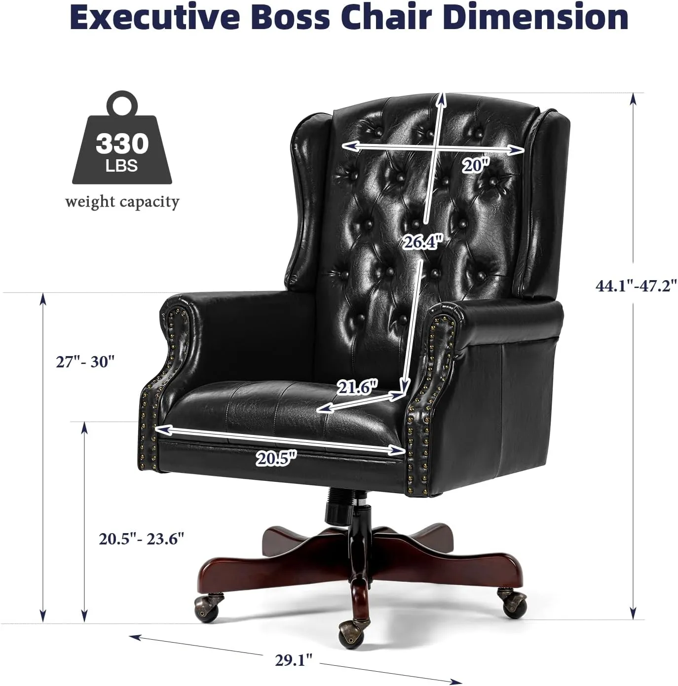 ECOTOUGE Tufted Office Chair, Faux Leather Executive Desk Chair w/High Back & Nail Head Trim, Ergonomic Wingback PC Chair for Home, Office and Living Room, Deep Black