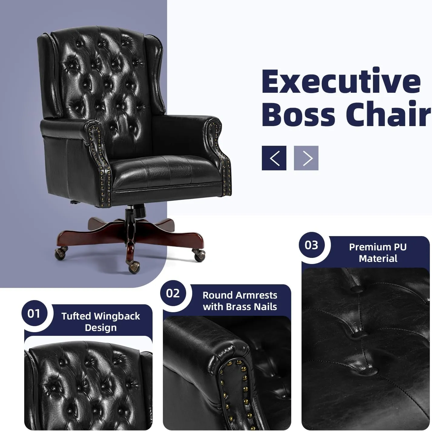 ECOTOUGE Tufted Office Chair, Faux Leather Executive Desk Chair w/High Back & Nail Head Trim, Ergonomic Wingback PC Chair for Home, Office and Living Room, Deep Black