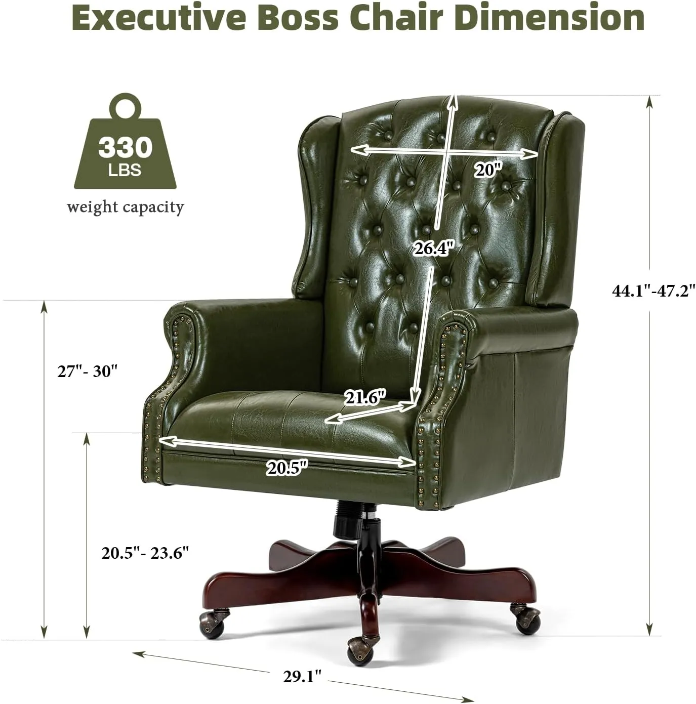 ECOTOUGE Tufted Office Chair, Faux Leather Executive Desk Chair w/High Back & Nail Head Trim, Ergonomic Wingback PC Chair for Home, Office and Living Room, Green