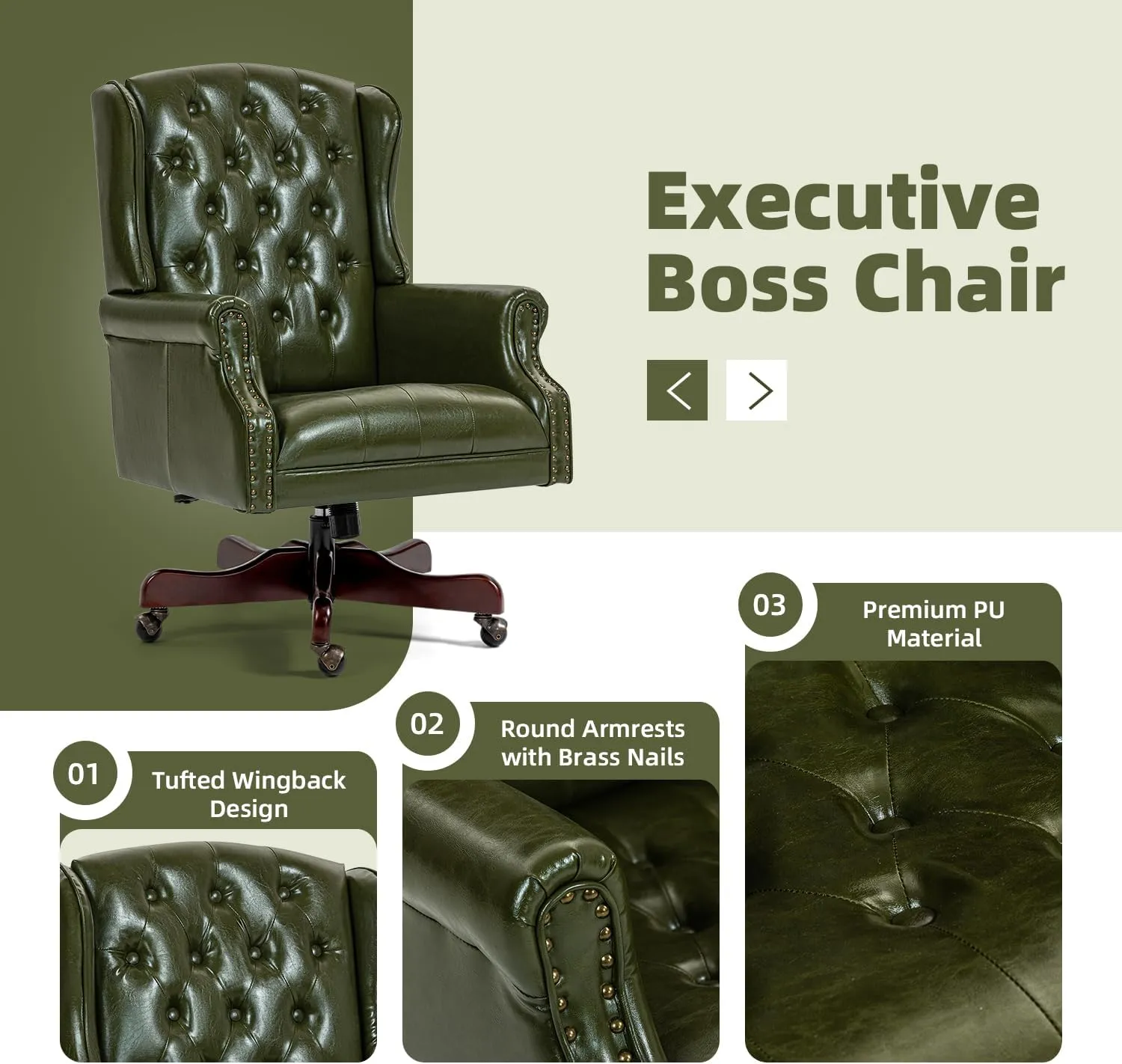 ECOTOUGE Tufted Office Chair, Faux Leather Executive Desk Chair w/High Back & Nail Head Trim, Ergonomic Wingback PC Chair for Home, Office and Living Room, Green