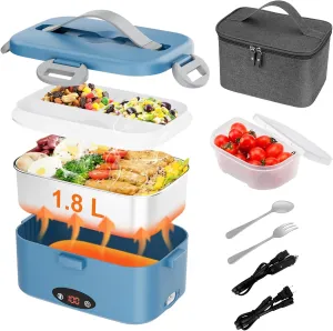 Electric Lunch Box with 3 Temperature Levels, 100W Fast Heating heated lunch box, 12V/24V/110V 1.8L Portable Food Warmer for Office, Car, and Truck, Includes Upgraded Bag & Extra Compartments（Blue)
