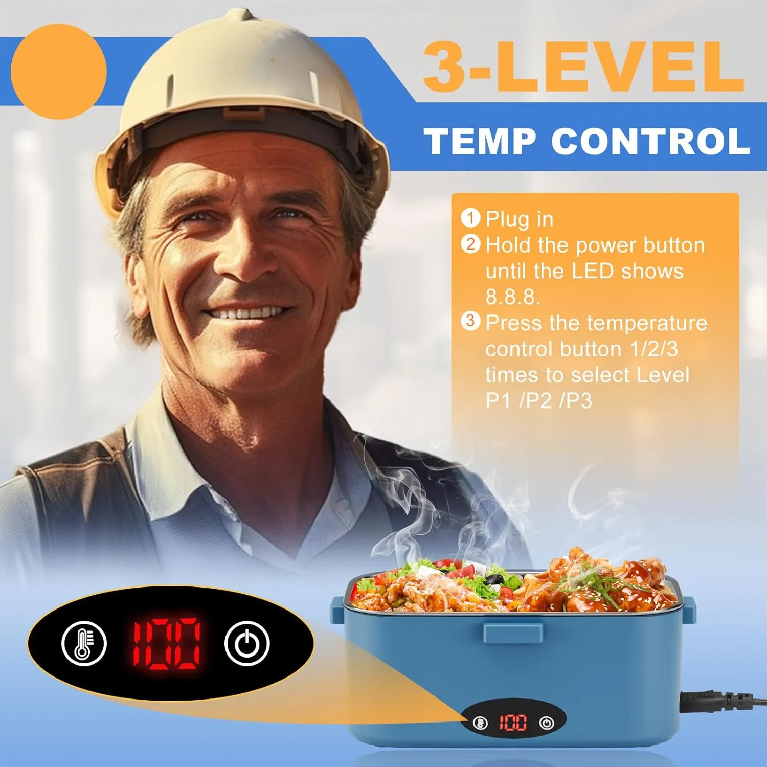 Electric Lunch Box with 3 Temperature Levels, 100W Fast Heating heated lunch box, 12V/24V/110V 1.8L Portable Food Warmer for Office, Car, and Truck, Includes Upgraded Bag & Extra Compartments（Blue)