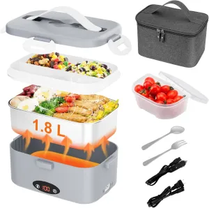 Electric Lunch Box with 3 Temperature Levels, 100W Fast Heating heated lunch box, 12V/24V/110V 1.8L Portable Food Warmer for Office, Car, and Truck, Includes Upgraded Bag & Extra Compartments（Grey）