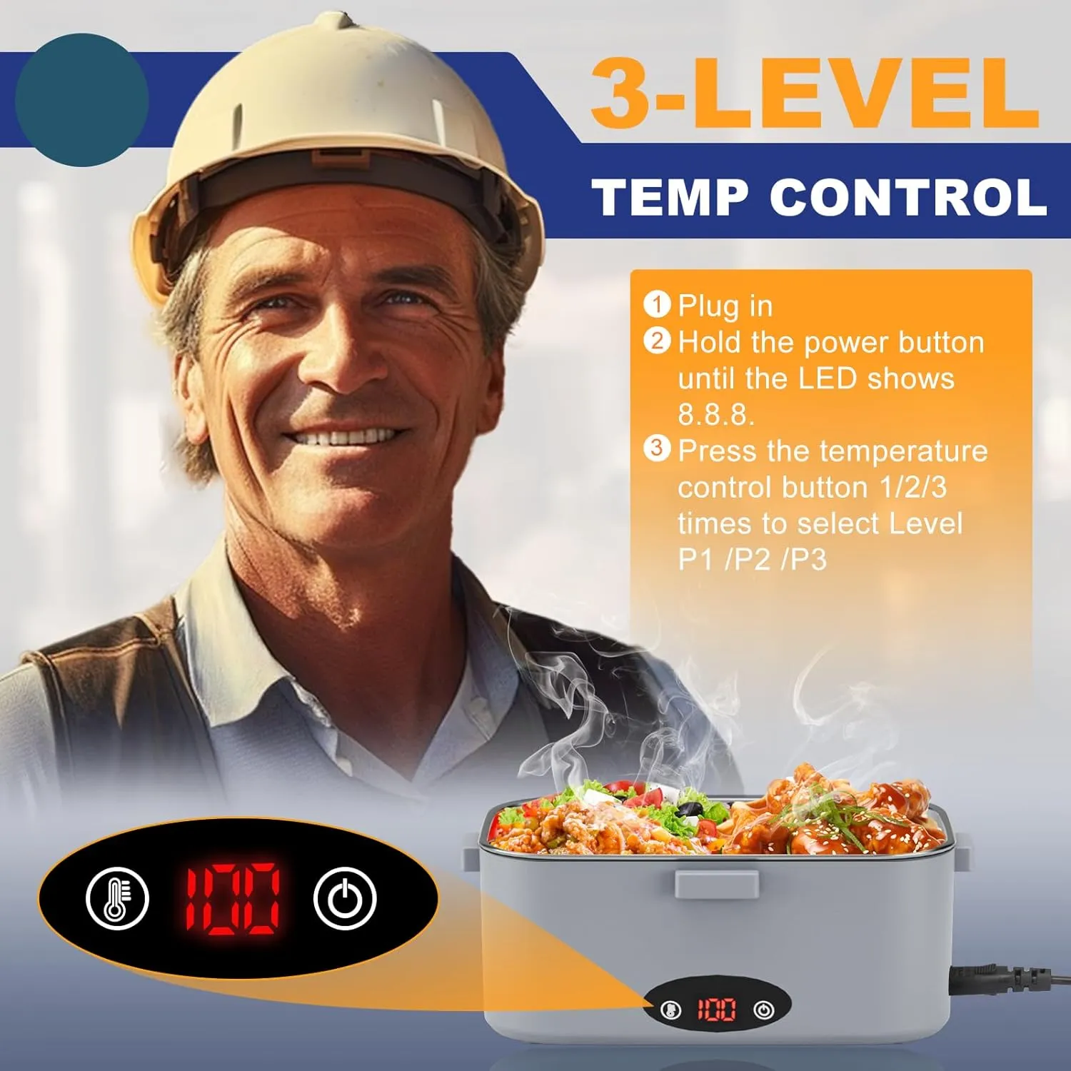 Electric Lunch Box with 3 Temperature Levels, 100W Fast Heating heated lunch box, 12V/24V/110V 1.8L Portable Food Warmer for Office, Car, and Truck, Includes Upgraded Bag & Extra Compartments（Grey）