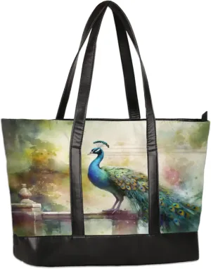 Elegant Watercolor Peacock Laptop Tote Bag for Women Lightweight Work Purse with Multiple Compartments Fits 13-15.6 Inch Laptop Tablet Shoulder Bag for Office Travel Daily Use