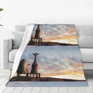 Elephant Giraffe On A Mountain Top Sunset Soft Throw Blanket Comfy Flannel Blanket Anti-Pilling All Season Warm Blankets for Couch, Bed, Cozy Warm Thick Furry Blanket for Women, Men (50"x40")
