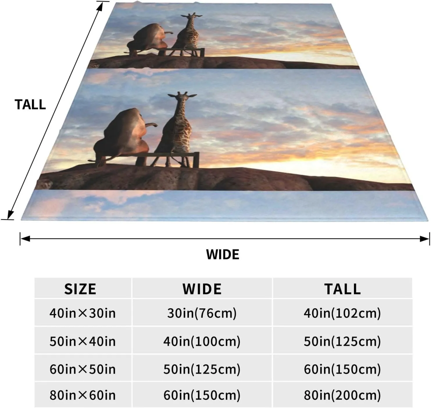 Elephant Giraffe On A Mountain Top Sunset Soft Throw Blanket Comfy Flannel Blanket Anti-Pilling All Season Warm Blankets for Couch, Bed, Cozy Warm Thick Furry Blanket for Women, Men (50"x40")